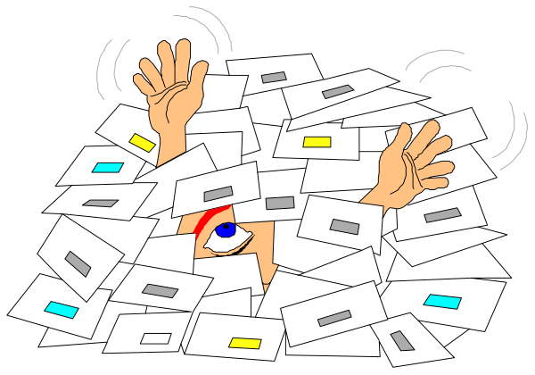 The cartoon depicts a person buried under an overflowing pile of mail with their arms reaching out from underneath it as if trying to escape; there is no text present in this image.