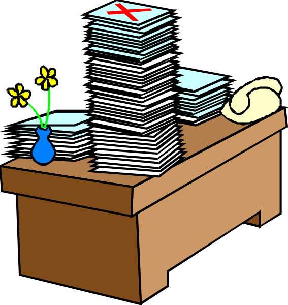 The image shows a cartoon of an office desk with two stacks of papers on it; to its left is another stack labeled "To do," indicating tasks that need attention; there's also a vase containing flowers, and above these items hang several sheets of paper clipped together by what appears to be binder rings. The overall scene suggests disorganization or an overwhelming workload in the depicted office environment.