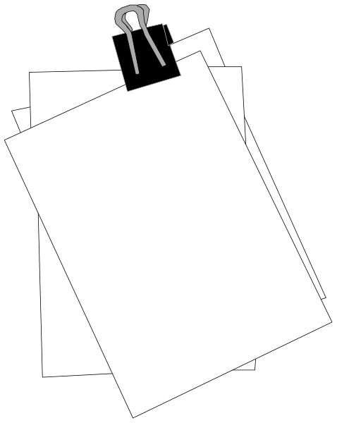 The black and white illustration shows a stack of papers with clips on them against a dark background.