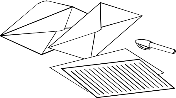 The black and white illustration shows a desk with an open envelope on it containing papers that appear to be notes for writing letters; there's also a pen resting next to them.