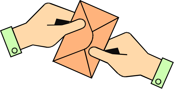 The image shows two hands holding a piece of paper with an envelope symbol on it over another hand that is also holding the same type of paper.