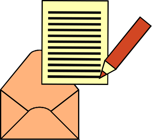 The image shows a cartoon of an envelope with paperwork inside it being signed by someone's hand holding a pen over some text on the document.