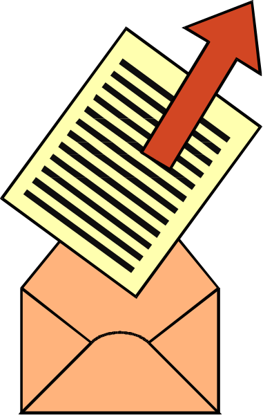The image shows a cartoon of an envelope with papers inside it being thrown into what appears to be a mailbox by someone's hand holding up a red arrow pointing upward towards the top right corner where there is text that reads "UP".