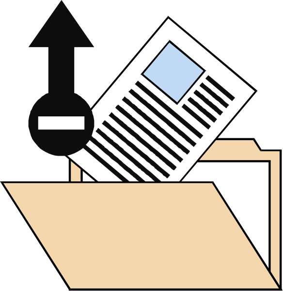 The image shows a newspaper being thrown into an open envelope with its pages sticking out from both ends of it; there is also a small arrow pointing downward to indicate that this action has just occurred.