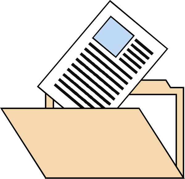 The image shows a cartoon of an open file folder with papers inside it on top of which rests another paper that appears to be being stapled by two hands emerging from either side of the viewer's perspective, suggesting action and activity related to document processing or filing.