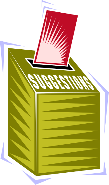 The image shows a cartoon of an orange juice box with text that reads "suggestions" on it next to a red voting booth-like structure labeled as such in white letters.