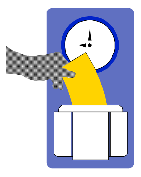 The image shows a cartoon of an alarm clock with hands pointing to 12:05 being pushed by what appears to be a hand from outside its frame; there is also a magnifying glass overlaying part of it, and below that, two blocks labeled "A" and "B." There's no text in the image. The style suggests an instructional or educational context for understanding time intervals between 12:05 AM and noon (noon being represented by block B). It is a simple illustration with minimal detail beyond what has been described, focusing on conve