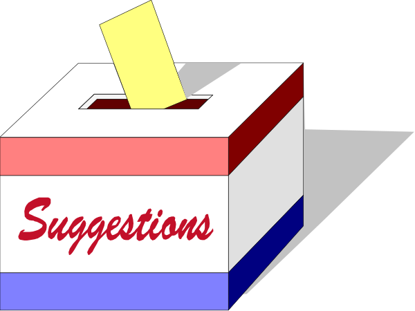 The image shows a cartoon of two voting boxes with "suggestions" written on them next to each other against a black background; one box has an American flag sticker while the other is blank.