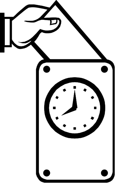 The black and white logo features a clock with hands pointing to 12:05 on an analog face inside what appears to be a metal box that has been opened by someone using their right hand holding a key, which is inserted into its lock above the time display. There's no text or additional details in this image. The style of art seems minimalistic and iconic with clear lines defining objects without shading for depth perception.