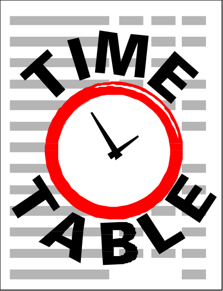 The image shows a paper with text that reads "TIMETABLE" at the top right corner of an analog clock graphic on it. Below this is another line of text reading "Time Table."