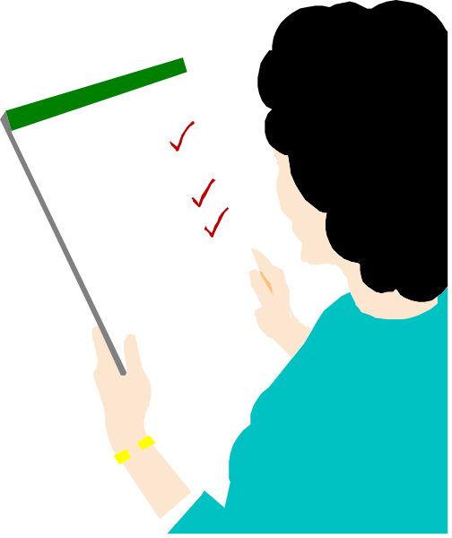 The image shows a person holding up a tablet with checkboxes on it to someone who is writing something down while looking at them attentively in an indoor environment that appears to be an office space due to the presence of papers and clipboards, suggesting some form of work or task management activity taking place.