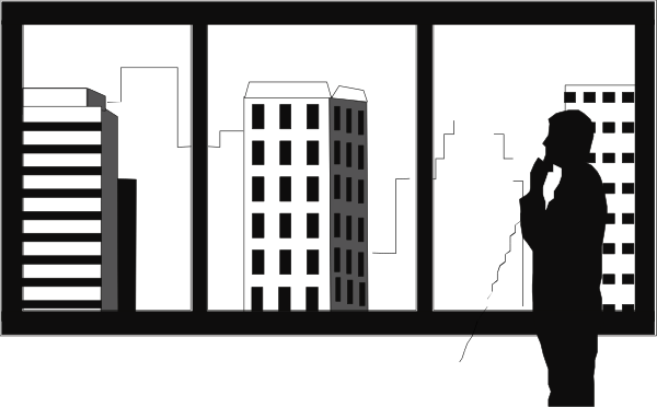 The black and white silhouette of a person standing on an elevated platform overlooking city buildings at night with skyscrapers in background.
