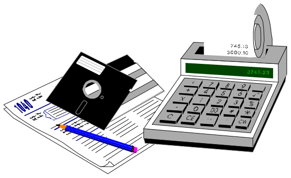 The image shows a black and white illustration of an office desk with various items on it: a calculator displaying "10", two stacks of papers (one stacked horizontally in front of another), a tape dispenser, a pen lying next to some paperwork, and what appears to be a computer mouse. The setting suggests a workspace or home office environment with an emphasis on financial management given the calculator's display.