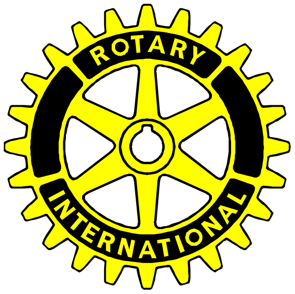 The logo of Rotary International with a yellow circle inside it featuring gears around its perimeter is displayed on black background in this clip-art image.