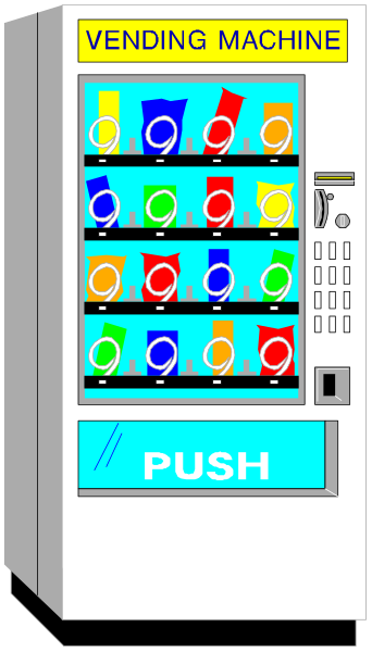 The image shows a vending machine with various items inside it displayed on its screen; above this is text that reads "VENDING MACHINE" in bold letters against an orange background.