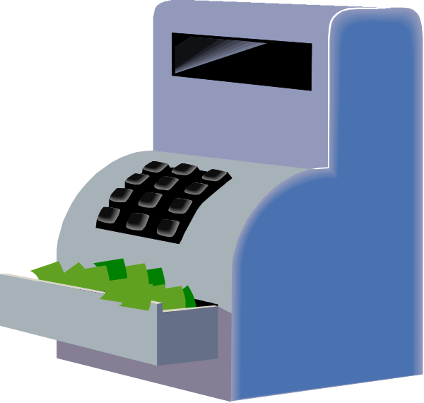 The illustration shows a cartoon depiction of an automated teller machine (ATM) with money dispensing from its slot into two trays below it; there is no person present in this image.