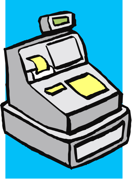 The image shows a cartoon depiction of an ATM machine with its door open on top against a blue background.
