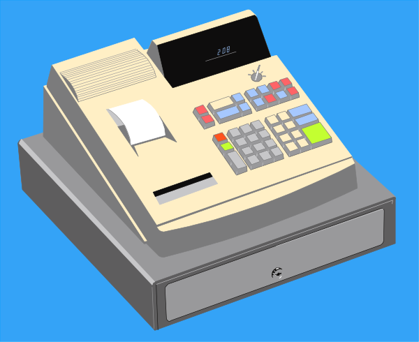 The illustration shows a cash register with buttons on top of it against a blue background.