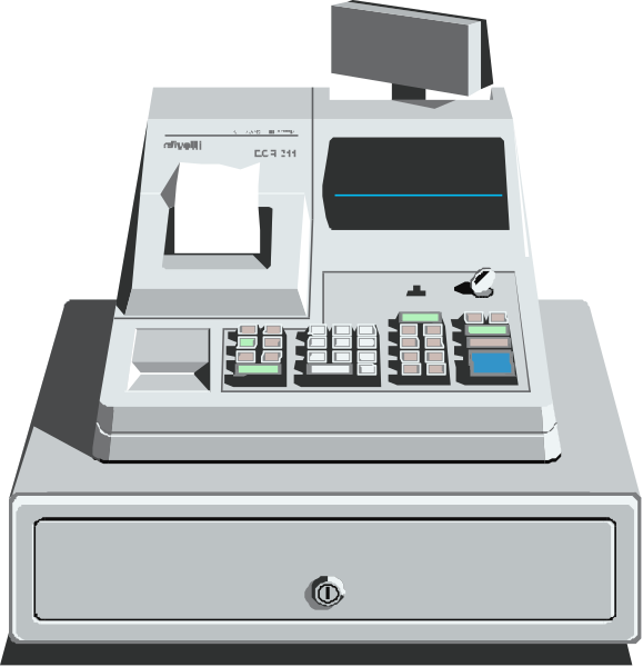 The image shows a cash register with buttons on top of it placed next to an ATM machine that has its screen displaying "0" in two different states: one where there is no money inserted (left) and another showing some amount being dispensed from the bottom drawer (right).