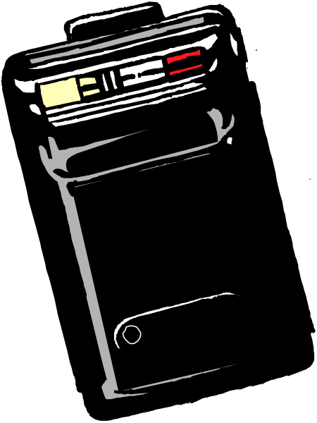 The black and white illustration shows a vintage radio with an antenna on top placed against a dark background.
