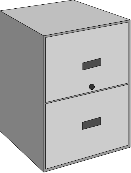 The image shows a simple white filing cabinet with two drawers against an untextured background.