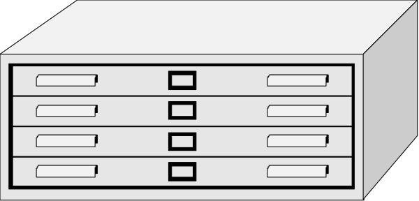 The image shows a black and white illustration of two filing cabinets with drawers open on top against an indistinct background; there is no text present in this clip-art depiction.