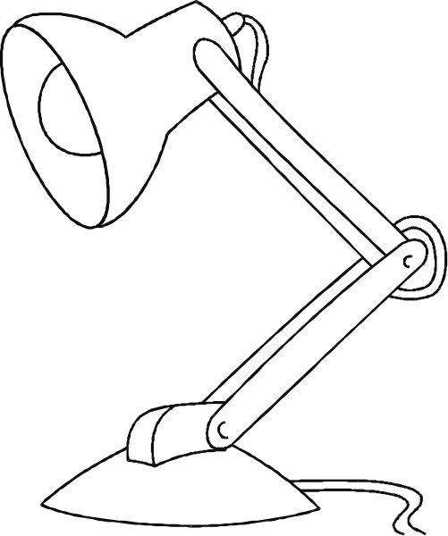 The black and white illustration shows a desk lamp with an adjustable arm that is extended upwards towards its light source at full height; it has two bulbs on either side of the head for illumination, one larger than the other to provide more focused lighting if needed.