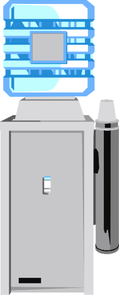 The image shows a blue light on top of an object that resembles a vending machine with buttons below it against a grey background.