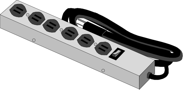 The image shows a white power strip with multiple outlets on it against a black background.
