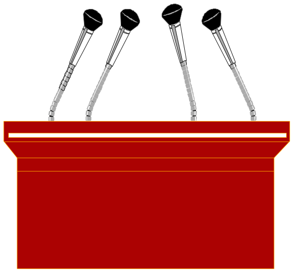 The black and white illustration shows a red podium with three microphones on it atop what appears to be an amplifier box in front of two speakers that resemble human figures standing behind them.