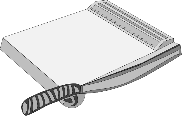 The black and white illustration shows a ruler with measurements on it lying next to an open notebook that has been used for writing purposes; there is also a pencil resting atop of the booklet.