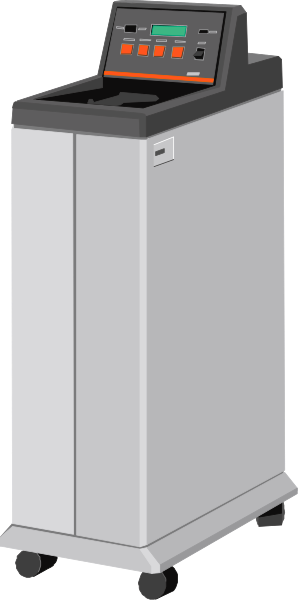 The image shows a white cart with various compartments on wheels next to an electronic device that appears to be some kind of machine for measuring weight or analyzing samples; there is no text present in this clip-art illustration, and it's set against a plain background which does not provide any additional context.