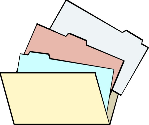 The image shows a stack of four folders with labels on them placed inside an open folder tray against a dark background.