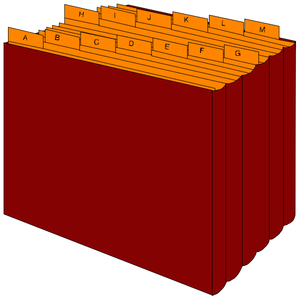 The image shows a red binder with multiple sections labeled from A to F on its spine, each section containing several pages of text that appear as binders within it due to perspective distortion created by this viewpoint.