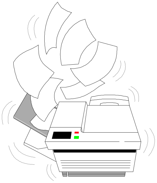 The black and white cartoon shows a printer with paper flying out of it next to an open book that is falling apart; there's also a small figure resembling a person in motion near them both, suggesting chaos or disarray.