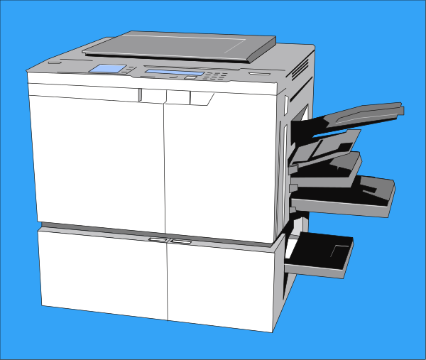 The image shows a printer with its paper tray open on top of it, revealing multiple sheets of white paper inside.