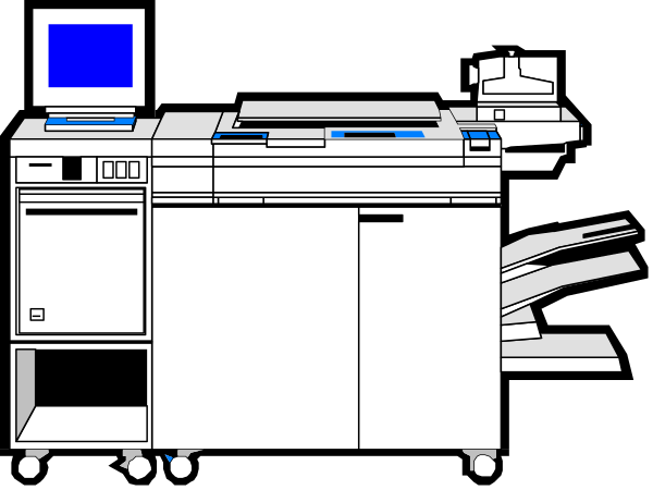 The black and white illustration shows a computer printer on top of an office desk with papers scattered around it to its right side; in front is another smaller machine that appears similar but without any visible branding details, suggesting this could be for children's use or educational purposes due to the size difference.