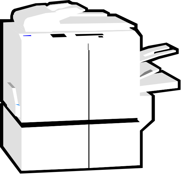 The image shows a black and white illustration of two printers placed side by side on what appears to be an office desk with papers scattered around it.