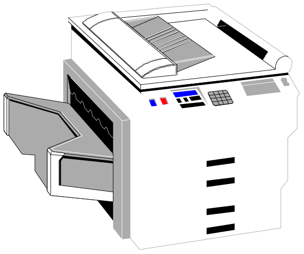 The image shows a black and white printer with an open top on it placed against a dark background.