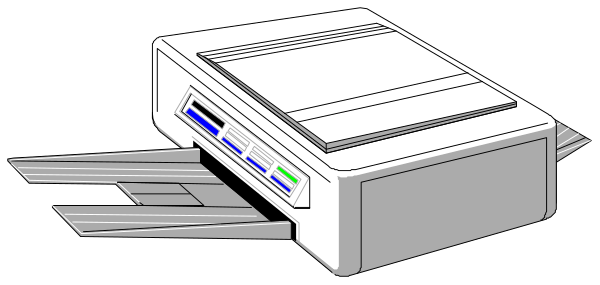 The image shows a computer printer on top of some papers with an open lid revealing its interior components.