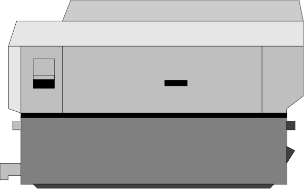 The black and white pixelated image shows a printer with paper coming out of it on top of what appears to be an office desk in front of which there is no one present.