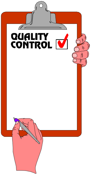 The image shows a hand holding an erasable whiteboard with red writing that reads "QUALITY CONTROL" on it; there's also a checkmark next to this text in black ink, indicating approval of quality control measures.