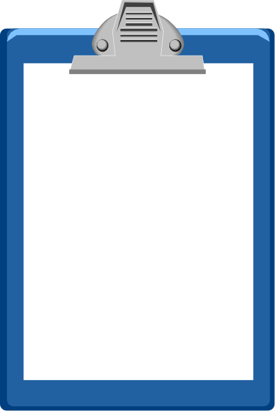 The image shows a blue clipboard with white paper attached to it against an indistinct background; there is no text on either side of the board that would provide additional context about its purpose or content.