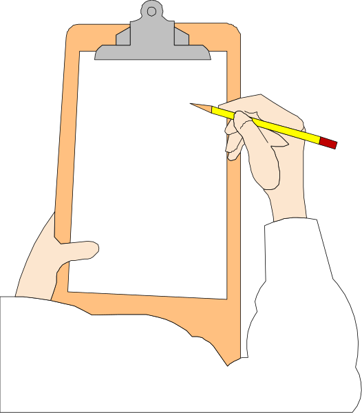 The illustration shows a person holding an open notebook with writing utensils on top of it while looking at something off-frame to their right side.