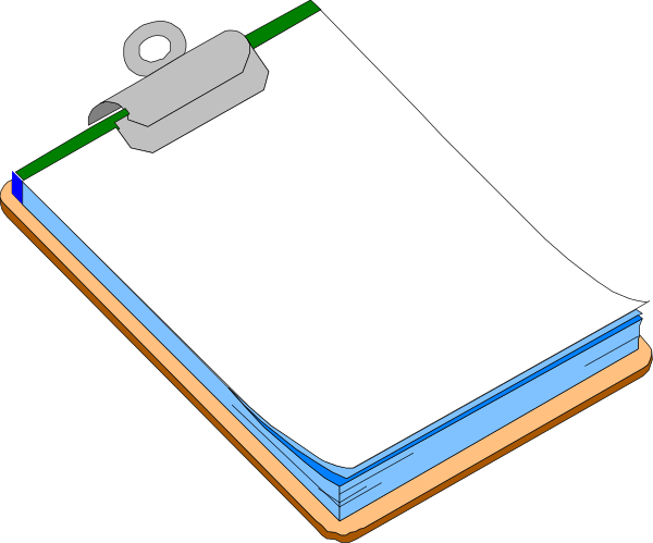 The image shows a digital representation of an open notebook with blank pages on top, placed against what appears to be a clipboard holder that is attached to something resembling a desk surface in grayscale tones.