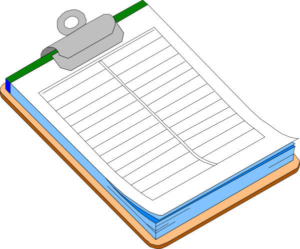 The image shows a digital representation of an orange clipboard with white paper attached to it on which there is blue text that appears to be handwritten notes; next to this clipboard stands another identical one without any papers, suggesting organization and documentation processes in place.