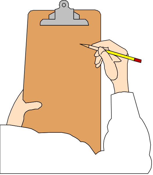 The illustration shows a person's hand holding an open clipboard with paper attached to it; there is writing on top of the sheet that appears to be in progress by someone else who isn't visible, and below this text is another line where more notes or instructions can be written.