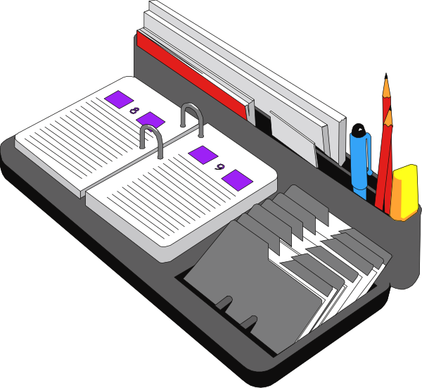 The illustration depicts a simple office desk with an open laptop computer on it next to some papers that appear to be in use; there is also a pen holder containing pens at one end of the desk.