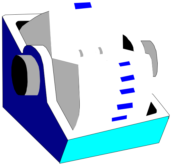 The image shows a blue printer with two paper trays on either side of it against a black background.