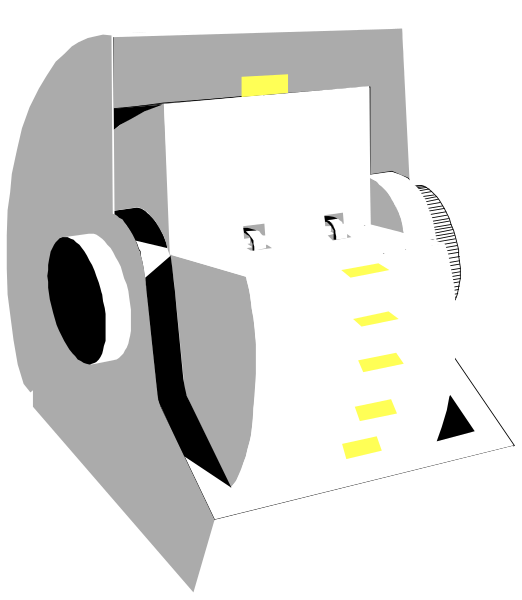The image shows a black and white illustration of an office printer with paper coming out from its top tray on what appears to be a desk surface in front of it.